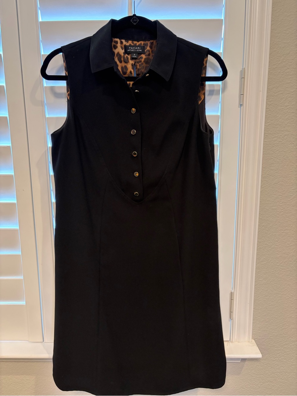 Tahari ASL Black Collared Shift Dress with Leopard Lining